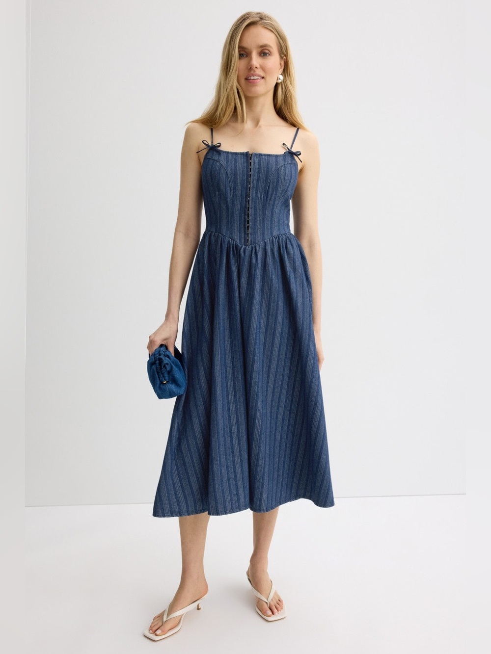 Blu Pepper Bow Strap Dark Wash Denim Corset Midi Dress Size XL